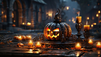 calabaza y velas en una calle siniestra vacia, por la noche concepto de halloween. ilustracion de ia generativa