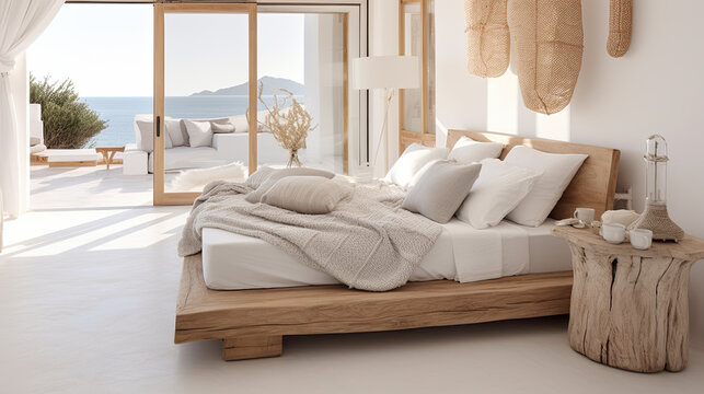 Habitacion clara en casa mediterranea tipica ibicenca, con cama y decoraciones naturales como madera, mimbre o lino. Concepto vacaciones, descanso