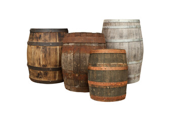 Many different wooden barrels on white background