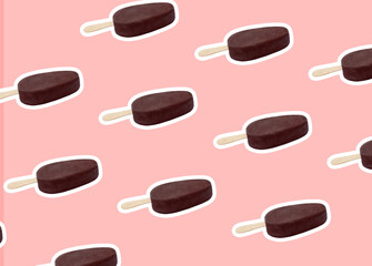 Pattern with chocolate-glazed ice cream on pastel pink background