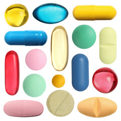 Set of different pills isolated on white