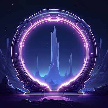 Magic gate portal door ui futuristic game cartoon set. Green and blue teleport frame to fantastic parallel world. Wizard mysterious glowing entrance to travel through purple or blue gateway hole