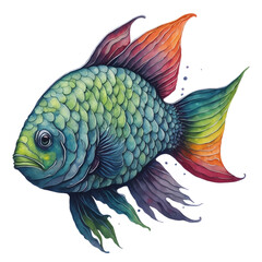 Watercolor Exotic Colorful Fish On A Transparent Or White Background.