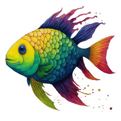 Watercolor Exotic Colorful Fish On A Transparent Or White Background.