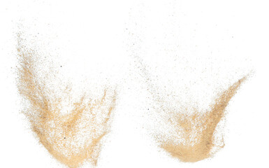 Sand flying explosion, Golden sand wave explode. Abstract sands cloud fly. Yellow colored sand splash throwing in Air. White background Isolated high speed shutter, throwing freeze stop motion - obrazy, fototapety, plakaty