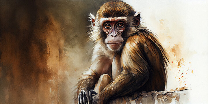 Large watercolor painting of a wild monkey Ai generated image