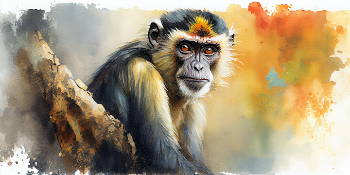 Large watercolor painting of a wild monkey Ai generated image