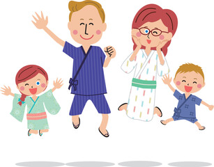 ポップでオシャレな人物　インバウンド　浴衣を着た家族