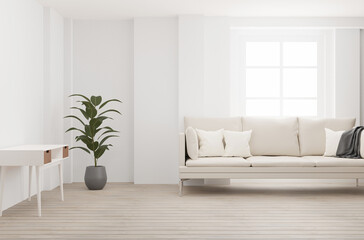 Fototapeta premium A snow-white living room with a wooden floor and a large window with sunlight and stylish sofa, a desk and a green plant, comfrot living room design and interior. 3d illustration