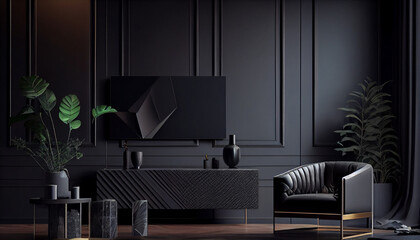 Modern luxury living room interior background, living room interior mockup, interior with black walls, dark interior of living room with black wall, chair, and wooden console, Ai generated image