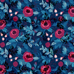 Red Rose Flower Leaf Shadow Garden Allover Pattern Design Artwork