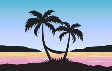 Fototapeta na wymiar SUMMER SUNSET TROPICAL PALM TREE ISLAND ARTWORK BACKGROUND 