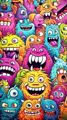 Fototapeta premium Flat cute doodle monsters pattern