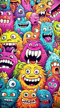 Flat cute doodle monsters pattern