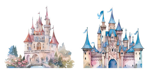 Watercolor beauty Fairytale Castle clipart for graphic 