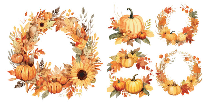 Watercolor Thanksgiving Autumn Wreath clipart for graphic resources
