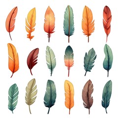 Watercolor collection of feathers. Flat hand-drawn illustration isolated on white background