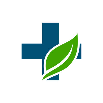 Plus and leaf combination vector medical care logo and icon design 