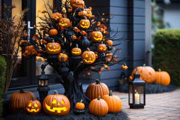 Obraz premium Halloween pumpkin tree topiary on porch, exterior home decor, seasonal decorations