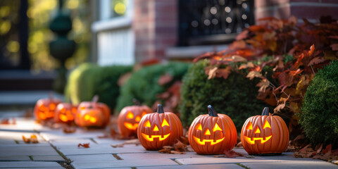 Row of Halloween pumpkins outside house, wide banner, exterior home decor, seasonal decorations
