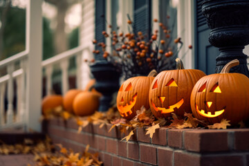 Fototapeta premium Row of Halloween pumpkins and lanterns outside house, exterior home decor, seasonal decorations