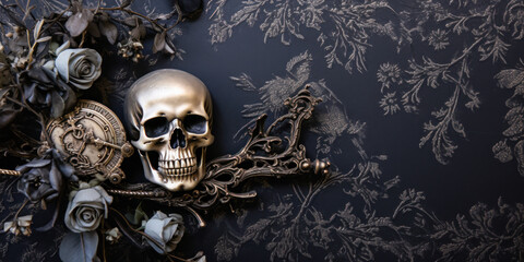 Halloween banner with skull and flowers, gothic, black and silver, wide, copyspace