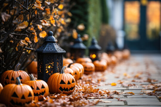 Row of Halloween pumpkins and lanterns outside house, exterior home decor, seasonal decorations