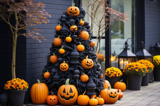 Halloween pumpkin tree topiary on porch, exterior home decor, seasonal decorations