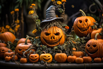 Halloween pumpkin jack o' lanterns display, interior home decor, seasonal decorations
