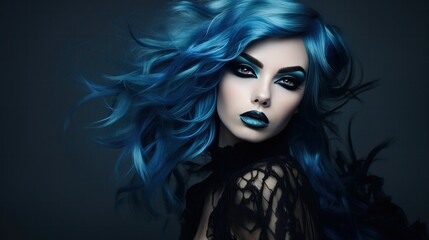 A woman with blue hair and black makeup.