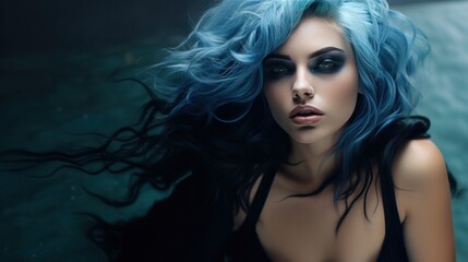 Fototapeta premium A woman with blue hair and black makeup.