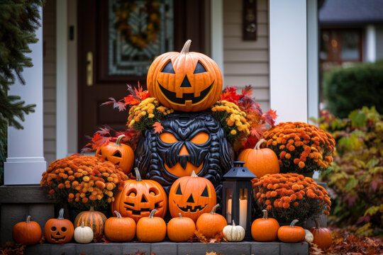 Halloween pumpkins jack o' lanterns and flowers display, front porch, exterior home decor, seasonal decorations