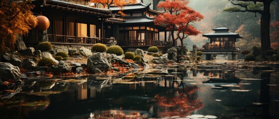 Traditional Japanese architecture by a peaceful lake with beautiful reflection