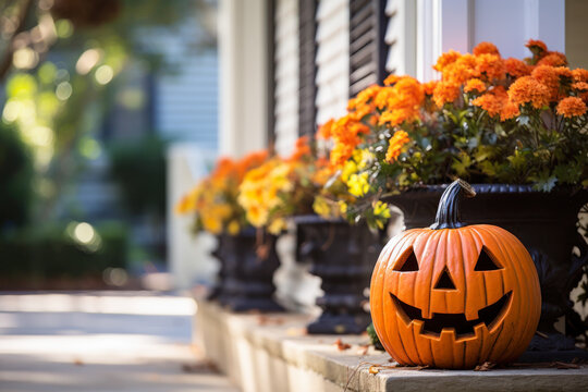 Halloween pumpkin jack o' lantern and flowers on front porch, exterior home decor, seasonal decorations, copyspace