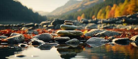 Stacked Pebbles in Calm River with Autumn Foliage Reflection - Tranquil Nature Scene with Balanced Stones and Fall Colors