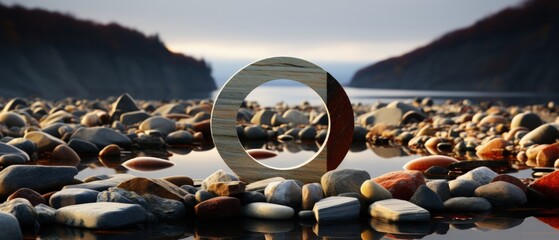 Serene natural outdoor scene, beach with rocks, circular stone object and distant mountains