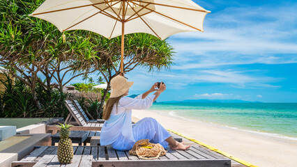 Happy traveler woman relaxing under umbrella joy fun nature view scenic landscape beach, Leisure time tourist travel Phuket Thailand summer holiday vacation, Tourism beautiful destination place Asia