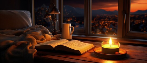 A cozy indoor scene featuring an open book and a glowing candle on a table, creating an inviting atmosphere of warmth and serenity.