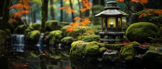  Enchanting Japanese Garden Scene with Illuminated Stone Lantern, Tranquil Pond Reflecting Autumn Leaves and Moss-Covered Rocks