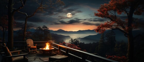 Moonlit Mountain Retreat: Twilight over a mountain landscape with a fire pit, conveying the serenity and beauty of a secluded getaway.