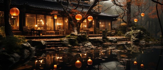 Serene Autumn Evening - Traditional Asian House by Pond with Glowing Lanterns, Reflections, and Misty Forest