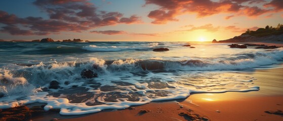 Seashore Dawn Splendor: Ocean waves kiss the shore at sunrise, offering a moment of serene beauty and the promise of a new day.