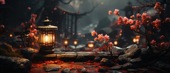 Tranquil scene of lantern among cherry blossoms, serene pathway, mystical forest, glowing lights.