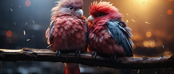 Poster Pair of vibrant pink parrots perched closely on a branch, surrounded by magical bokeh lights.  © ZenOcean_DigitalArts
