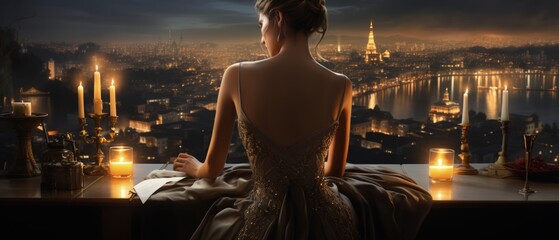 Elegant woman in a gown, back turned, gazing at cityscape at twilight with shimmering lights and historical landmarks, ambient candle glow.
