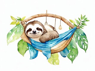 Illustration for a logo or t-shirt in watercolor of a charming sloth lounging in a hammock, isolated on a white background. Generative AI.