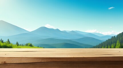 An empty wood table with a blurred background of a summer mountain and sky is shown. Generative AI.