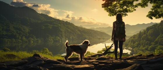 Woman and Dog Embracing Nature's Serenity: Lakeside Adventure Amidst Majestic Landscape, Outdoor...