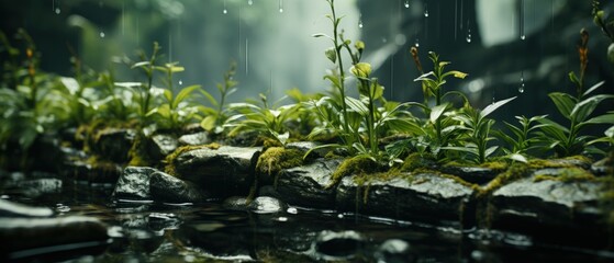 Fototapeta premium New Growth Rainfall: Young plants emerging from mossy stones in rain, symbolizing renewal and the nurturing aspect of nature.