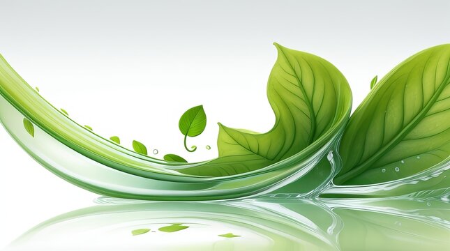 Banner with fresh plant leaves and green organic floating water waves on a white background. Generative AI.